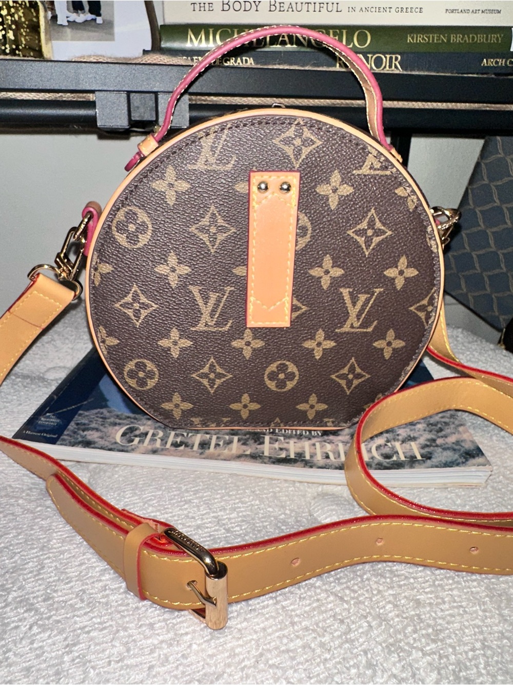 Brown Monogram Round Crossbody Bag - Tan Trim - Picture 3 of 9